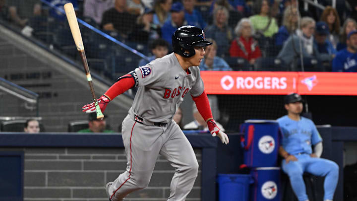 Sep 24, 2025; Toronto, Ontario, CAN; Boston Red Sox designated hitter Masataka Yoshida (7) loses his bat as he grounds out against the Toronto Blue Jays in the seventh inning at Rogers Centre. Mandatory Credit: Dan Hamilton-Imagn Images Sep 24, 2025; Toronto, Ontario, CAN; Boston Red Sox designated hitter Masataka Yoshida (7) loses his bat as he grounds out against the Toronto Blue Jays in the seventh inning at Rogers Centre. Mandatory Credit: Dan Hamilton-Imagn Images