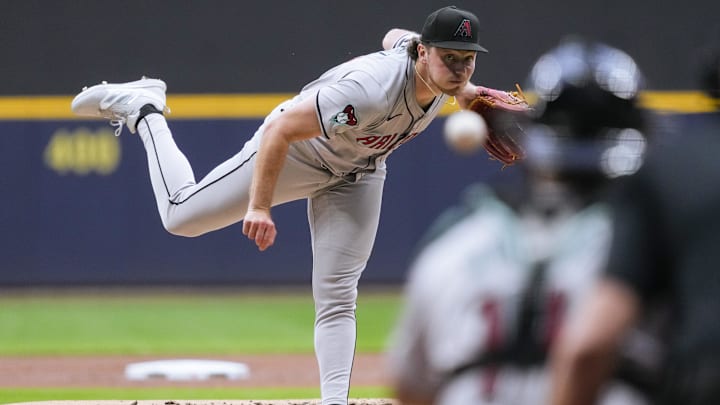 Sep 19, 2024; Milwaukee, Wisconsin, USA;  Arizona Diamondbacks pitcher Brandon Pfaadt (32) throws a pitch during the first inning against the Milwaukee Brewers at American Family Field. Mandatory Credit: Jeff Hanisch-Imagn Images