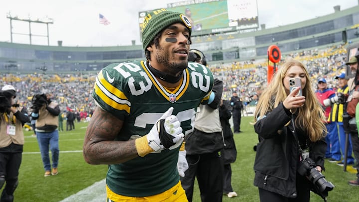 Oct 13, 2024; Green Bay, Wisconsin, USA; Green Bay Packers cornerback Jaire Alexander (23) following the game against the Arizona Cardinals at Lambeau Field. Mandatory Credit: Jeff Hanisch-Imagn Images Oct 13, 2024; Green Bay, Wisconsin, USA; Green Bay Packers cornerback Jaire Alexander (23) following the game against the Arizona Cardinals at Lambeau Field. Mandatory Credit: Jeff Hanisch-Imagn Images