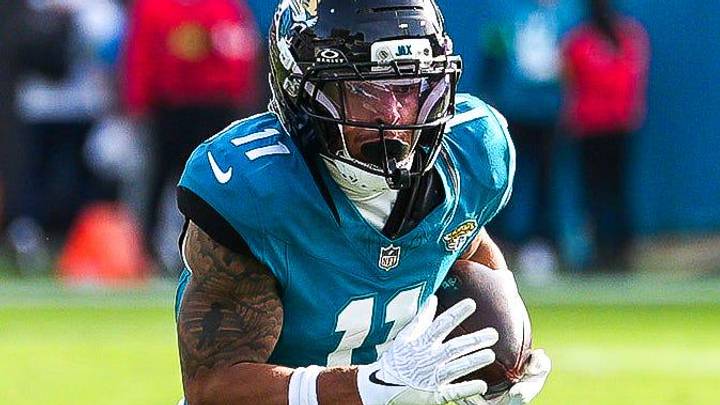 Jacksonville Jaguars wide receiver Parker Washington (11) runs during the third quarter in an NFL football AFC Wild Card playoff matchup, Sunday, Jan. 11, 2026, in Jacksonville, Fla. Bills lead 10-7 at the half over the Jaguars. The Bills defeated the Jaguars 27-24. 