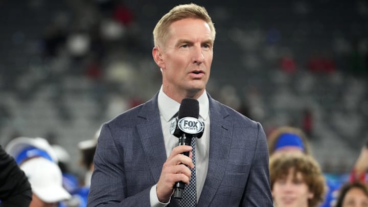 Jan 2, 2026; San Diego, CA, USA; Fox Sports broadcaster Joel Klatt emcees the Holiday Bowl trophy presentation at Snapdragon Stadium. Mandatory Credit: Kirby Lee-Imagn Images