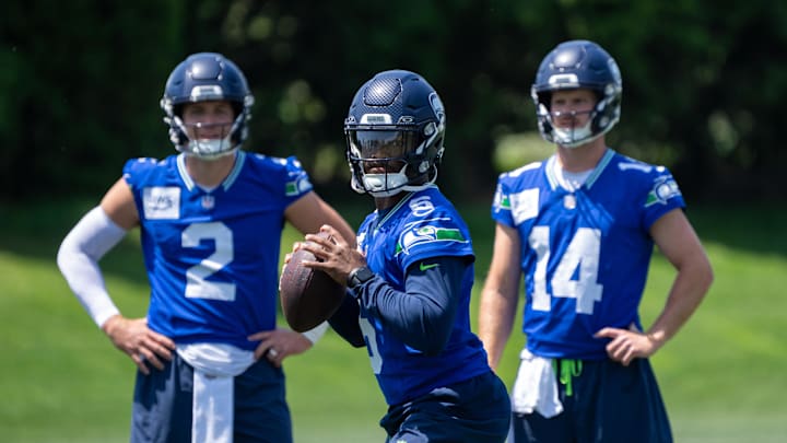 Seattle Seahawks quarterbacks Jalen Milroe, Drew Lock, and Sam Darnold Seattle Seahawks quarterbacks Jalen Milroe, Drew Lock, and Sam Darnold