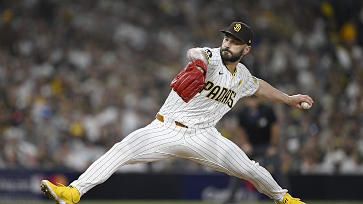 Oct 2, 2024; San Diego, California, USA; San Diego Padres pitcher Tanner Scott (66) throws during the sixth inning of game two in the Wildcard round for the 2024 MLB Playoffs against the Atlanta Braves at Petco Park. Oct 2, 2024; San Diego, California, USA; San Diego Padres pitcher Tanner Scott (66) throws during the sixth inning of game two in the Wildcard round for the 2024 MLB Playoffs against the Atlanta Braves at Petco Park.