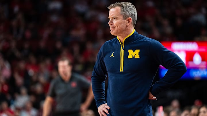 Feb 24, 2025; Lincoln, Nebraska, USA; Michigan Wolverines head coach Dusty May watches during the first half against the Nebraska Cornhuskers at Pinnacle Bank Arena. Mandatory Credit: Dylan Widger-Imagn Images