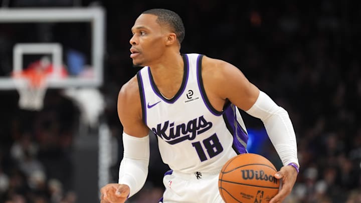 Jan 2, 2026; Phoenix, Arizona, USA; Sacramento Kings guard Russell Westbrook (18) dribbles the ball against the Phoenix Suns during the second half at Mortgage Matchup Center.