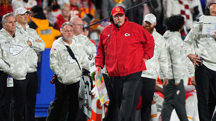Nov 17, 2024; Orchard Park, New York, USA; Kansas City Chiefs head coach Andy Reid looks on from the sideline against the Buffalo Bills during the first half at Highmark Stadium. Mandatory Credit: Gregory Fisher-Imagn Images