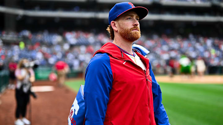 Jun 5, 2024; Philadelphia, Pennsylvania, USA; Philadelphia Phillies relief pitcher Spencer Turnbull (22) looks on before the game against the Milwaukee Brewers at Citizens Bank Park.