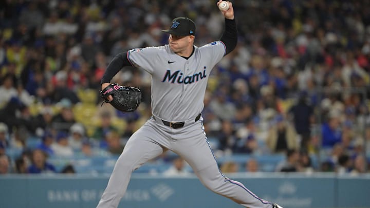 Apr 27, 2026; Los Angeles, California, USA; Miami Marlins relief pitcher John King (47) delivers to the plate against the Los Angeles Dodgers at Dodger Stadium. Mandatory Credit: Jayne Kamin-Oncea-Imagn Images