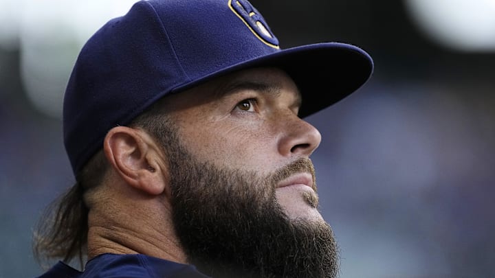 Jul 10, 2024; Milwaukee, Wisconsin, USA;  Milwaukee Brewers pitcher Dallas Keuchel (60) looks on during the first inning against the Pittsburgh Pirates at American Family Field. Mandatory Credit: Jeff Hanisch-Imagn Images