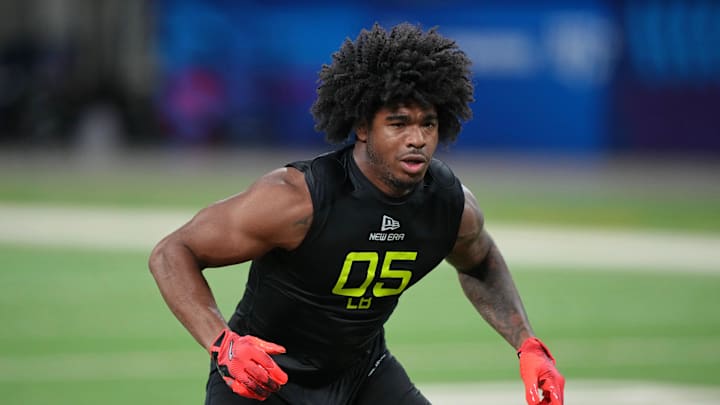 Alabama linebacker Jihaad Campbell participates in drills during the 2025 NFL Combine.