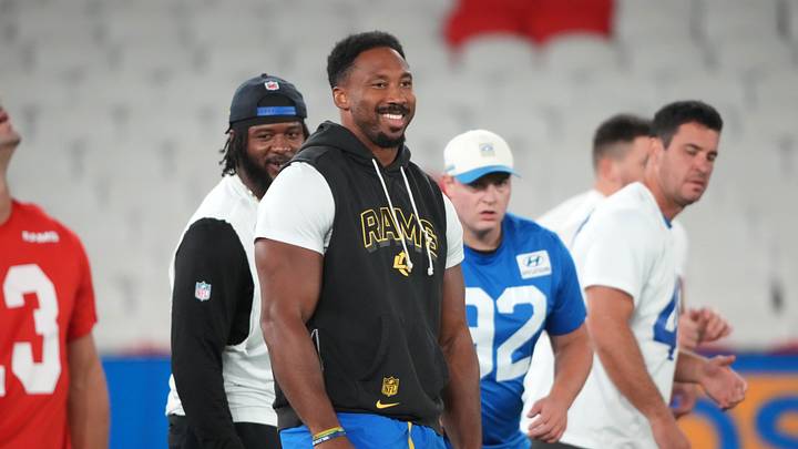 Sep 10, 2026; Melbourne, Victoria, Australia; Los Angeles Rams defensive end Myles Garrett (95) during practice at Marvel Stadium. Mandatory Credit: Kirby Lee-Imagn Images Sep 10, 2026; Melbourne, Victoria, Australia; Los Angeles Rams defensive end Myles Garrett (95) during practice at Marvel Stadium. Mandatory Credit: Kirby Lee-Imagn Images