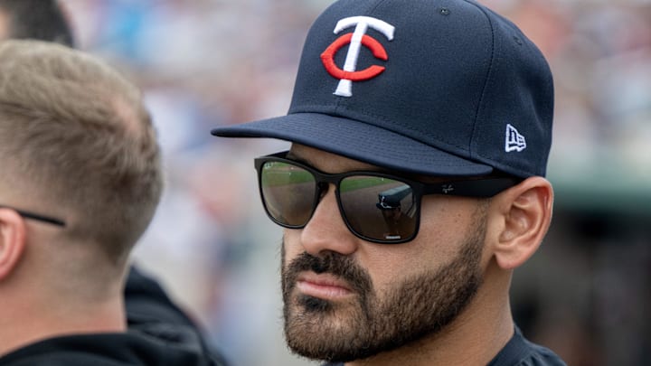 Feb 22, 2025; Fort Myers, Florida, USA; Minnesota Twins pitcher Pablo Lopez (49) in the dugout during their game against the Atlanta Braves at Lee Health Sports Complex.