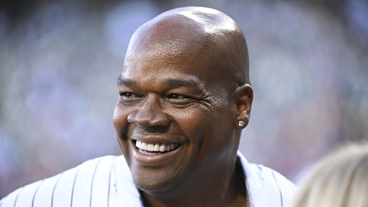 Aug 31, 2024; Chicago, Illinois, USA;  Former Chicago White Sox player Frank Thomas smiles before the team’s game against the New York Mets. He was there to throw out a ceremonial first pitch. at Guaranteed Rate Field. Mandatory Credit: Matt Marton-Imagn Images