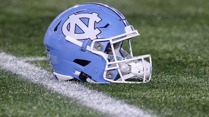 Oct 28, 2023; Atlanta, Georgia, USA; A detailed view of a North Carolina Tar Heels helmet on the field before a game against the Georgia Tech Yellow Jackets at Bobby Dodd Stadium at Hyundai Field. Mandatory Credit: Brett Davis-Imagn Images