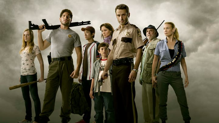 Amy (Emma Bell), Shane Walsh (Jon Bernthal), Glenn (Steven Yeun), Carl Grimes (Chandler Riggs), Lori Grimes (Sarah Wayne Callies), Rick Grimes (Andrew Lincoln), Dale (Jeffrey DeMunn) and Andrea (Laurie Holden) - The Walking Dead - Season 1 - Photo Credit: Matthew Welch / AMC