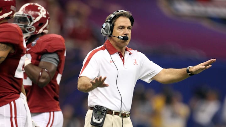 Jan 9, 2012; New Orleans, LA, USA; Alabama Crimson Tide head coach Nick Saban reacts on the sideline against the LSU Tigers during the first half of the 2012 BCS National Championship game at the Mercedes-Benz Superdome.  Mandatory Credit: Matthew Emmons-Imagn Images