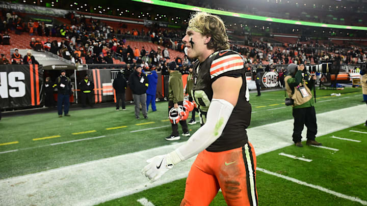 Nov 16, 2025; Cleveland, Ohio, USA; Cleveland Browns linebacker Carson Schwesinger (49) walks off the field following a game against the Baltimore Ravens at Huntington Bank Field. Mandatory Credit: Ken Blaze-Imagn Images