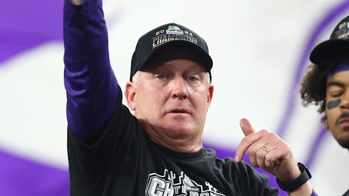 Dec 26, 2024; Phoenix, AZ, USA; Kansas State Wildcats head coach Chris Klieman celebrates after defeating the Rutgers Scarlet Knights during the Rate Bowl at Chase Field. Mandatory Credit: Mark J. Rebilas-Imagn Images