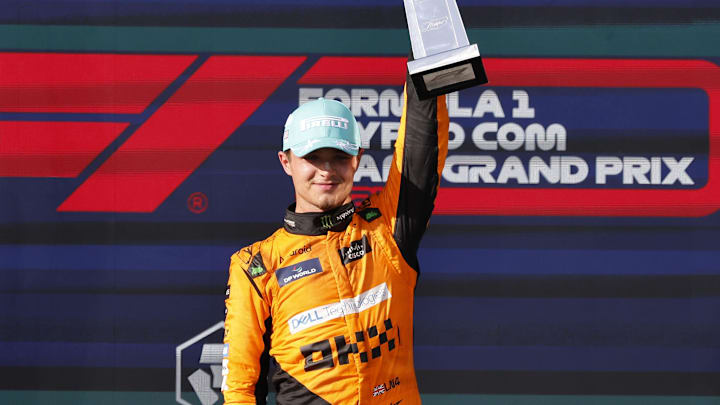 May 5, 2024; Miami Gardens, Florida, USA; McLaren driver Lando Norris (4) poses with the race trophy