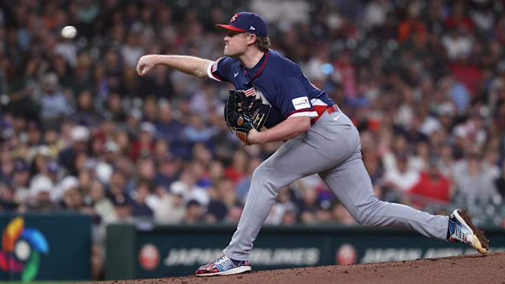 United States starting pitcher Logan Webb throws a baseball.