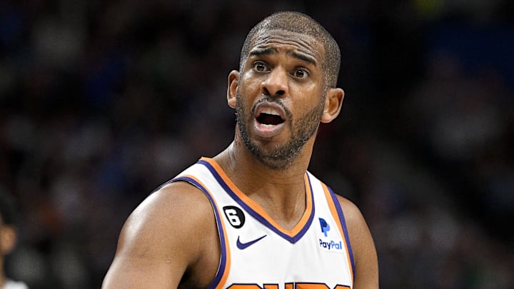Mar 5, 2023; Dallas, Texas, USA; Phoenix Suns guard Chris Paul (3) reacts during the game between the Dallas Mavericks and the Phoenix Suns at the American Airlines Center. Mandatory Credit: Jerome Miron-Imagn Images