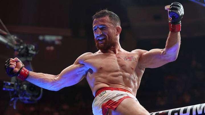 Jun 7, 2025; Newark, New Jersey, UNITED STATES; Merab Dvalishvili (red gloves) reacts after defeating Sean O’Malley (not pictured) in a bantamweight title fight during UFC 316 at Prudential Center. Mandatory Credit: Vincent Carchietta-Imagn Images Jun 7, 2025; Newark, New Jersey, UNITED STATES; Merab Dvalishvili (red gloves) reacts after defeating Sean O’Malley (not pictured) in a bantamweight title fight during UFC 316 at Prudential Center. Mandatory Credit: Vincent Carchietta-Imagn Images