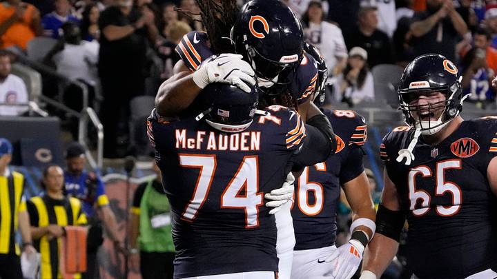 Aug 17, 2025; Chicago, Illinois, USA; Chicago Bears running back Ian Wheeler (33) celebrates his touchdown against the Buffalo Bills with guard Jordan McFadden (74) during the first half at Soldier Field. Mandatory Credit: David Banks-Imagn Images Aug 17, 2025; Chicago, Illinois, USA; Chicago Bears running back Ian Wheeler (33) celebrates his touchdown against the Buffalo Bills with guard Jordan McFadden (74) during the first half at Soldier Field. Mandatory Credit: David Banks-Imagn Images
