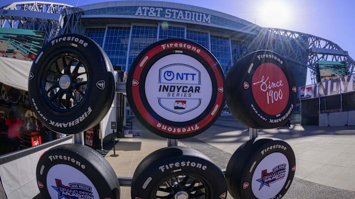 A view of the stadium and tires at AT&T Stadium before the 2026 Streets of Arlington IndyCar race.