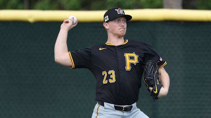 Bradenton, FL, USA; Pittsburgh Pirates pitcher Mitch Keller (23) during spring training workouts at Pirate City.