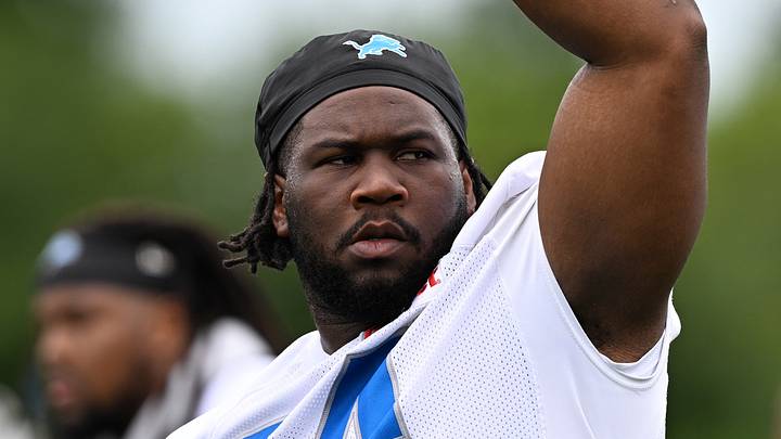 Jun 17, 2026; Detroit, MI, USA; Detroit Lions defensive tackle Alim McNeill (54) stretches with his defensive teammates during the Detroit Lions veteran’s minicamp at the Allen Park Training Facility. Mandatory Credit: Lon Horwedel-Imagn Images