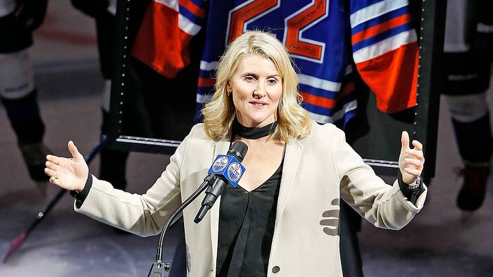 Jan 14, 2017; Edmonton, Alberta, CAN; Hayley Wickenheiser speaks to the crowd during retirement celebration at Rogers Place. Mandatory Credit: Perry Nelson-USA TODAY Sports