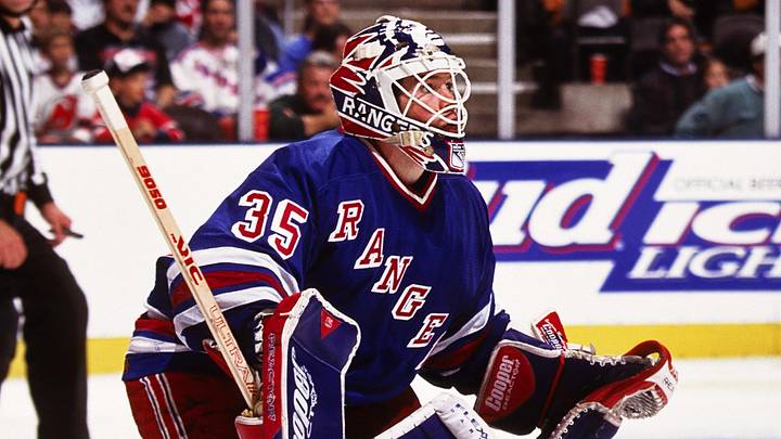 Oct 30, 1996; East Rutherford, NJ, USA; FILE PHOTO; New York Rangers goalie Mike Richter (35) in action against the New Jersey Devils at Continental Airlines Arena. Mandatory Credit: Lou Capozzola-USA TODAY NETWORK