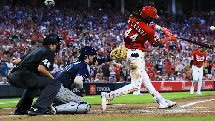 Jul 26, 2025; Cincinnati, Ohio, USA; Cincinnati Reds shortstop Elly De La Cruz (44) hits a two-run single in the seventh inning against the Tampa Bay Rays at Great American Ball Park. Mandatory Credit: Katie Stratman-Imagn Images Jul 26, 2025; Cincinnati, Ohio, USA; Cincinnati Reds shortstop Elly De La Cruz (44) hits a two-run single in the seventh inning against the Tampa Bay Rays at Great American Ball Park. Mandatory Credit: Katie Stratman-Imagn Images