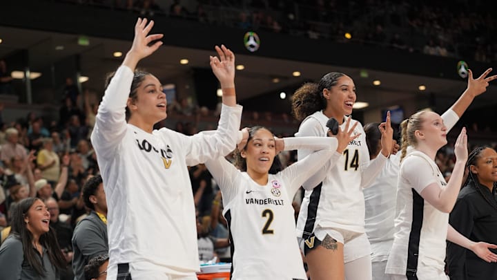 Mar 6, 2026; Greenville, SC, USA; Vanderbilt Commodores bench celebrates a score  during the second half against the Mississippi Rebels at Bon Secours Wellness Arena. Mandatory Credit: Jim Dedmon-Imagn Images