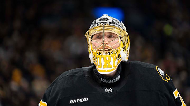 Jan 11, 2026; Boston, Massachusetts, USA; Boston Bruins goaltender Joonas Korpisalo (70) during the second period of the game against the Pittsburgh Penguins at TD Garden. Mandatory Credit: Natalie Reid-Imagn Images