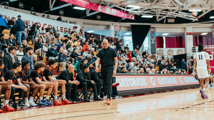 Eastvale Roosevelt boys basketball coach Stephen Singleton paces his bench at the 2025 Spalding Hoophall Classic.