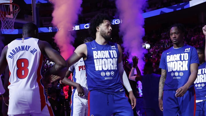Apr 24, 2025; Detroit, Michigan, USA; Detroit Pistons guard Cade Cunningham (2) during player introductions before the game against the New York Knicks uring game three of first round for the 2024 NBA Playoffs at Little Caesars Arena. Mandatory Credit: Rick Osentoski-Imagn Images