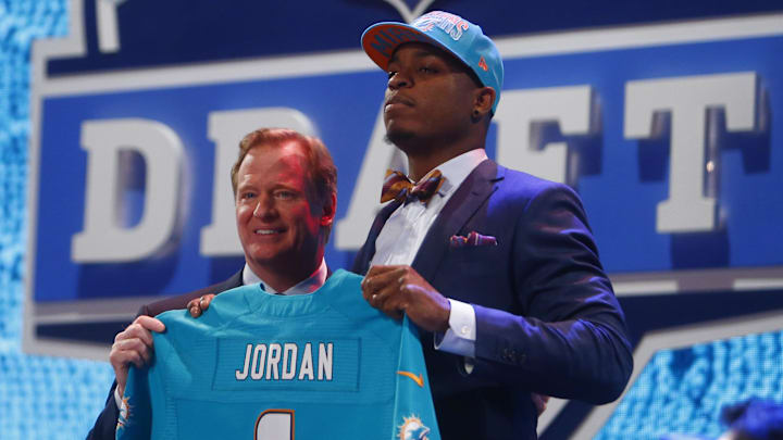 Dion Jordan (Oregon) is introduced by NFL commissioner Roger Goodell as the number three overall pick to the Miami Dolphins during the 2013 NFL Draft at Radio City Music Hall. Dion Jordan (Oregon) is introduced by NFL commissioner Roger Goodell as the number three overall pick to the Miami Dolphins during the 2013 NFL Draft at Radio City Music Hall.