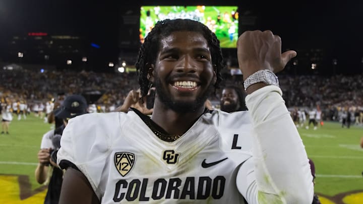 Oct 7, 2023; Tempe, Arizona, USA; Colorado Buffaloes quarterback Shedeur Sanders (2) celebrates after defeating the Arizona State Sun Devils at Mountain America Stadium, Home of the ASU Sun Devils. Mandatory Credit: Mark J. Rebilas-Imagn Images