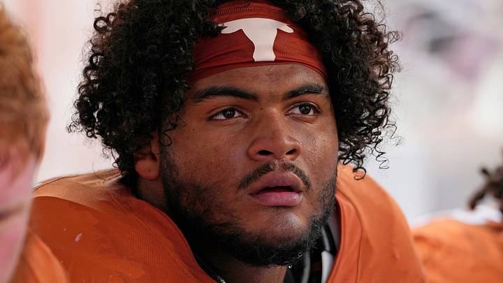 Texas Longhorns offensive lineman Trevor Goosby (74) rests during a game against the Texas El Paso Miners at Darrell K Royal-Texas Memorial Stadium. Texas Longhorns offensive lineman Trevor Goosby (74) rests during a game against the Texas El Paso Miners at Darrell K Royal-Texas Memorial Stadium.