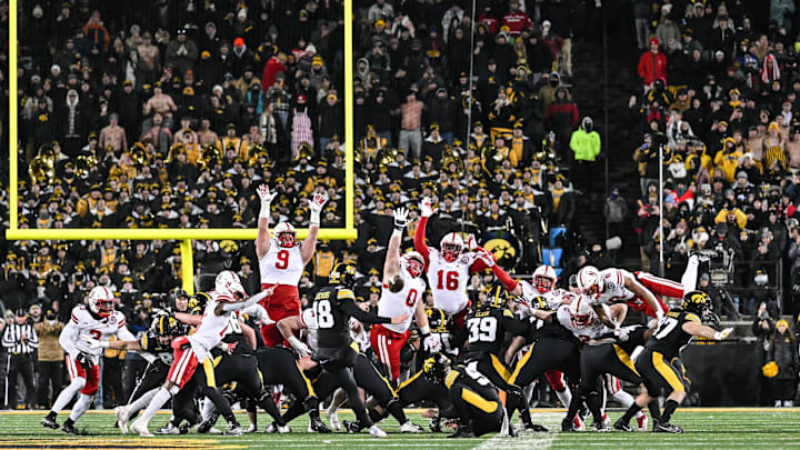 Iowa's Drew Stevens kicks the game-winning 53-yard field goal as time runs out.