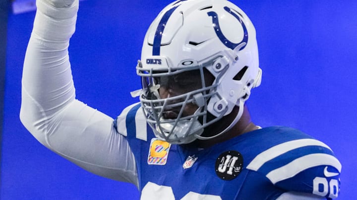 Indianapolis Colts defensive tackle Deforest Buckner (99) points up while running onto the field Sunday, Oct. 5, 2025, during a game against the Las Vegas Raiders at Lucas Oil Stadium in Indianapolis.
