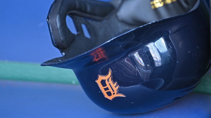 May 21, 2024; Kansas City, Missouri, USA; A general view of a Detroit Tigers batting helmet in the dugout before a game against the Kansas City Royals at Kauffman Stadium. May 21, 2024; Kansas City, Missouri, USA; A general view of a Detroit Tigers batting helmet in the dugout before a game against the Kansas City Royals at Kauffman Stadium.