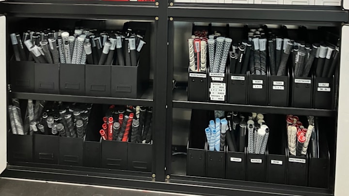 A stash of Golf Pride grips inside the TaylorMade truck at a recent PGA Tour event.