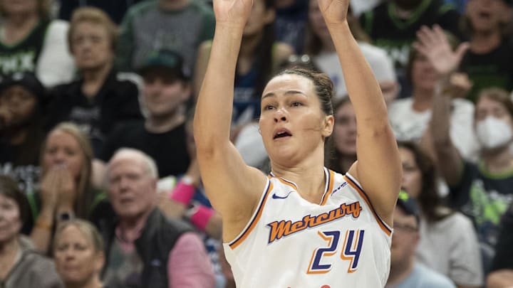 Sep 23, 2025; Minneapolis, Minnesota, USA; Phoenix Mercury forward Kathryn Westbeld (24) shoots against the Phoenix Mercury in the second half during game two of the second round for the 2025 WNBA Playoffs at Target Center. Mandatory Credit: Jesse Johnson-Imagn Images Sep 23, 2025; Minneapolis, Minnesota, USA; Phoenix Mercury forward Kathryn Westbeld (24) shoots against the Phoenix Mercury in the second half during game two of the second round for the 2025 WNBA Playoffs at Target Center. Mandatory Credit: Jesse Johnson-Imagn Images