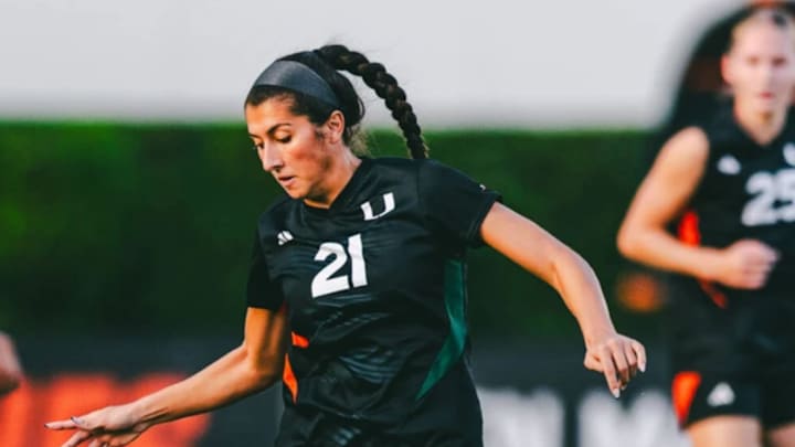 Miami graduate student Kyla Gallagher attempting a pass against No. 6 Florida State