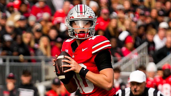 Ohio State Buckeyes quarterback Julian Sayin (10) looks to make a pass in the first half at Ohio Stadium on Saturday, Nov. 1, 2025 in Columbus, Ohio.