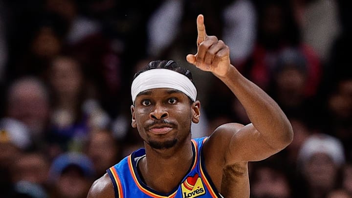 Dec 29, 2023; Denver, Colorado, USA; Oklahoma City Thunder guard Shai Gilgeous-Alexander (2) reacts