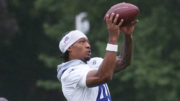 Bills defensive back Kani Walker pulls in a pass as he puts in extra reps after day two of Buffalo Bills training camp at St. John Fisher University Thursday, July 30, 2026, in Pittsford. Bills defensive back Kani Walker pulls in a pass as he puts in extra reps after day two of Buffalo Bills training camp at St. John Fisher University Thursday, July 30, 2026, in Pittsford.