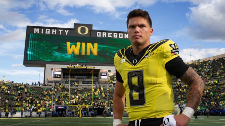 Oregon quarterback Dillon Gabriel leaves the field after the win over Illinois at Autzen Stadium in Eugene Saturday, Oct 26, 2024.